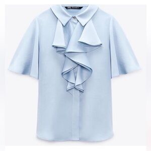 Zara Sky Blue Silk Ruffle Front Blouse women’s size small
